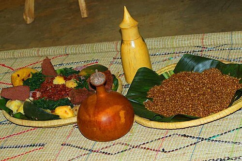 this dish complies with Sorghum beer, Hot milk, Boiled Wheats, Pumpkins, Green vegetables (isogo), Sorghum pasta, Irish Potatoes, yams.